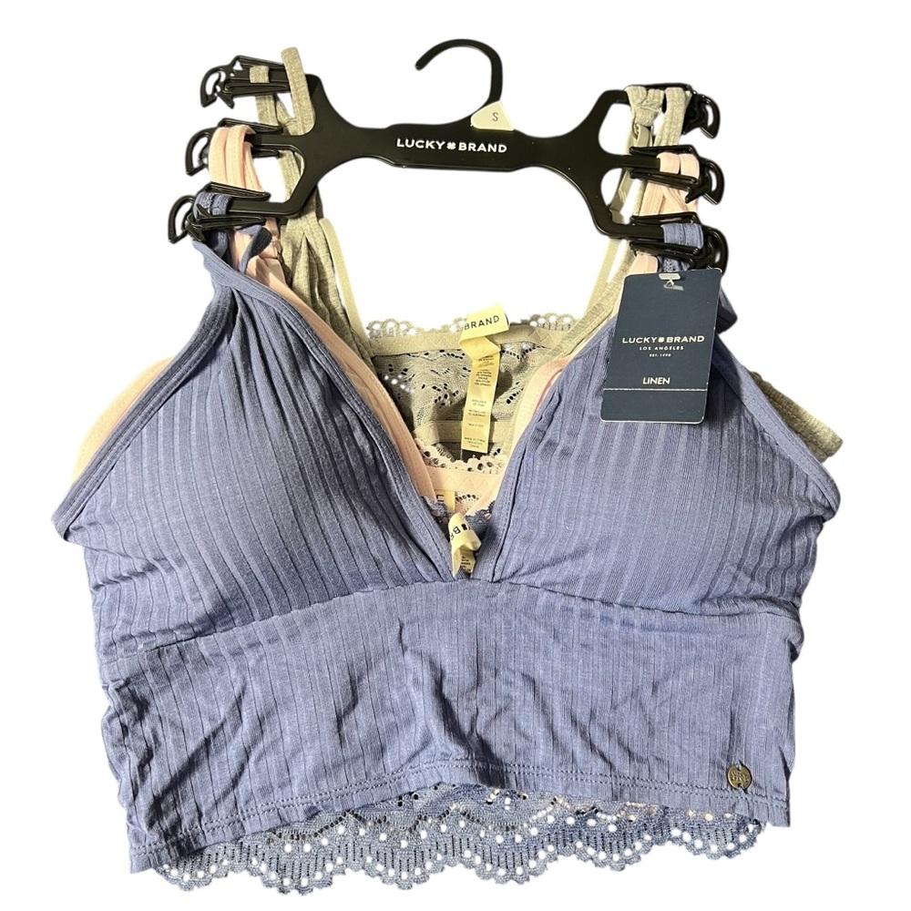 Lucky Brand Women’s 3 pack Linen Blue, Pink, Grey Bralette Set Sz. Small